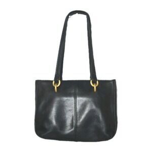 Vintage Tignanello Shoulder Bag Black Smooth All Leather‎ Gold Ring Accents Chic